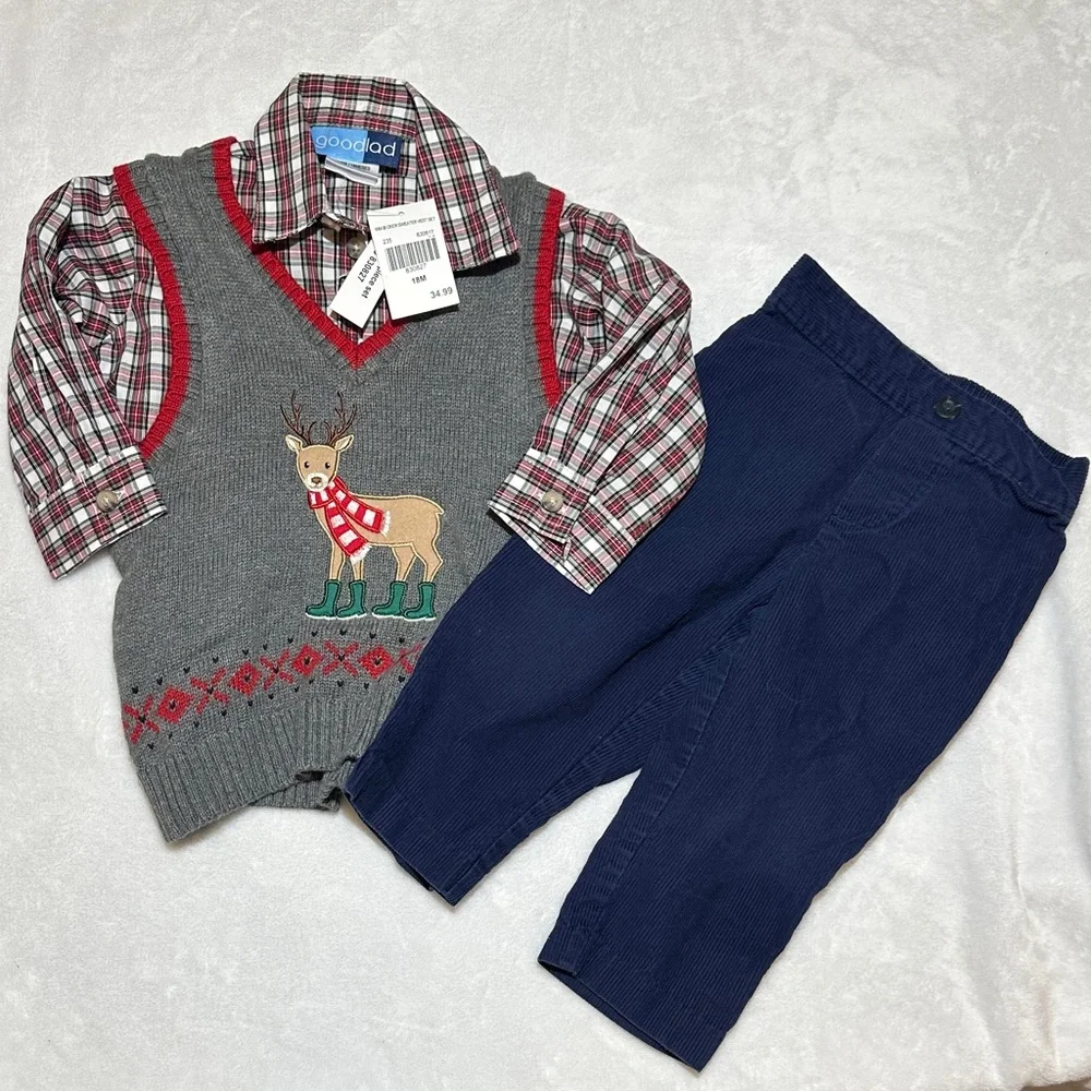 NWT Goodlad 3pc Gray Reindeer Sweater Vest,Plaid Shirt, and Blue cord Pants 18mo